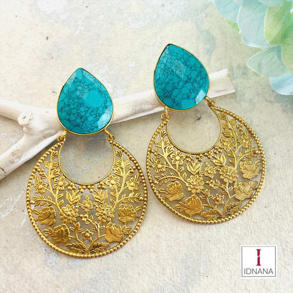 FACETED TURQUOISE GOLD PLATED FLORAL CHANDBALIS