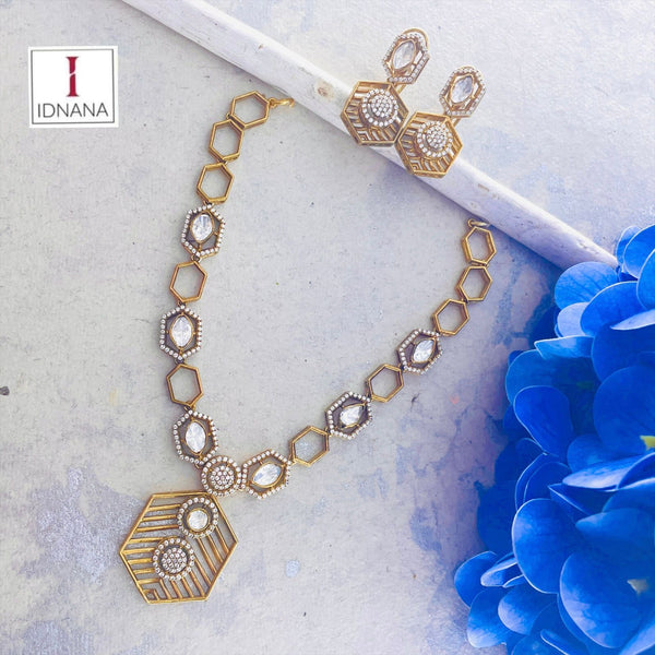 GOLD PLATED GEOMETRIC DESIGN MOISSANITE CUBIC ZIRCONIA COLLAR NECKLACE SET