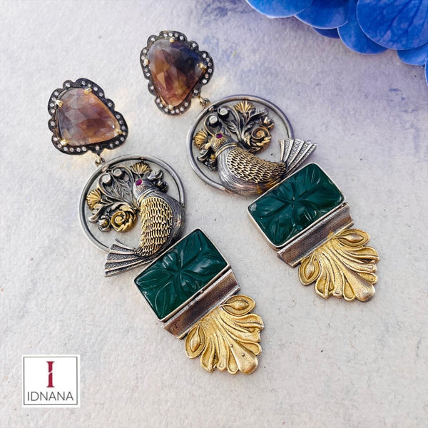 CARVED GREEN ONYX SAPPHIRE BIRD LONG EARRINGS