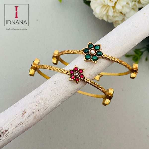 GOLD PLATED RED AND GREEN KEMP WHITE KUNDAN FLORAL BANGLE NOT OPENABLE (SIZE 2.4) (PAIR)