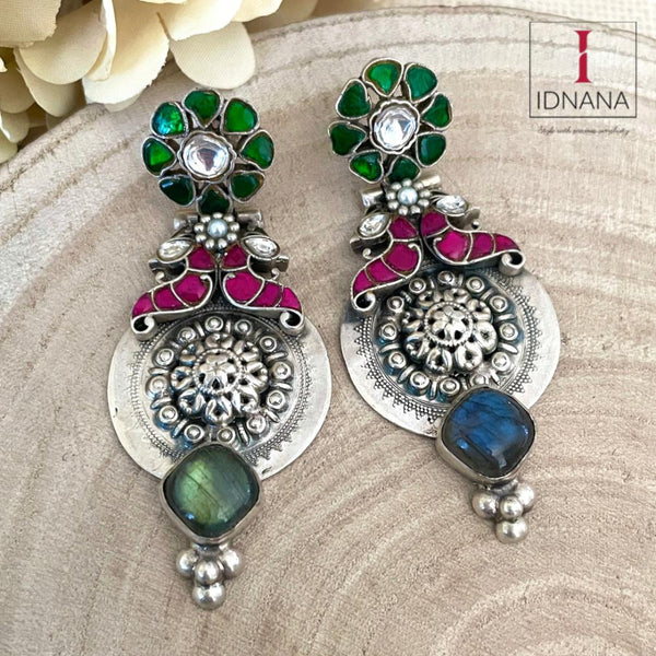 LABRADORITE GREEN PINK WHITE KUNDAN PEARL PEACOCK EARRINGS