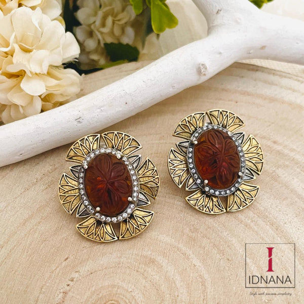 DUAL TONE CARVED CARAMEL BROWN CRYSTAL CUBIC ZIRCONIA STUDS