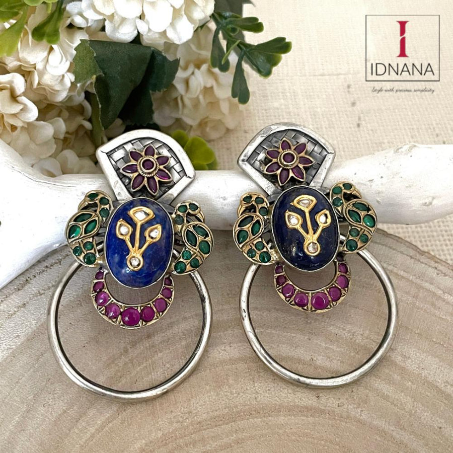 DUAL TONE LAPIS LAZULI INLAY KUNDAN  GREEN PINK KEMP PEACOCK HOOPS