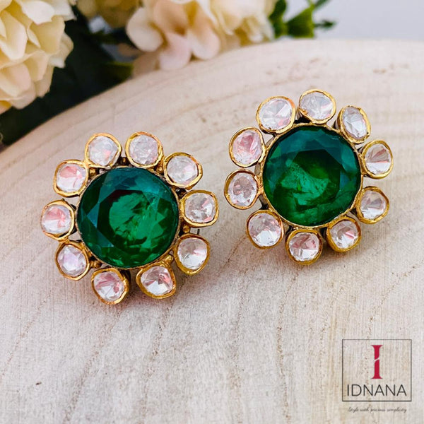 GOLD PLATED GREEN QUARTZ MOISSANITE STUDS