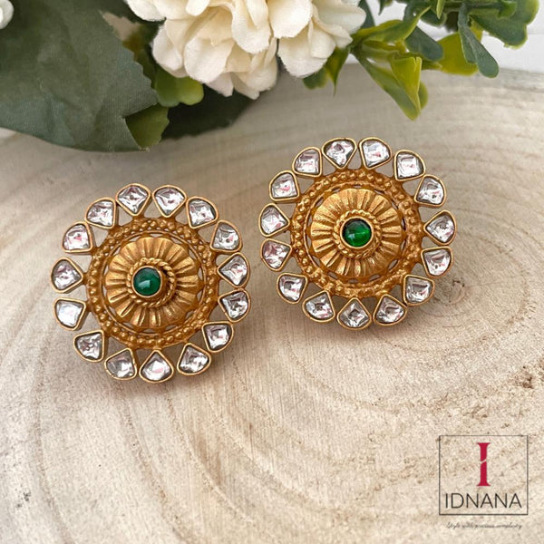 GOLD PLATED WHITE AND GREEN KUNDAN STUDS