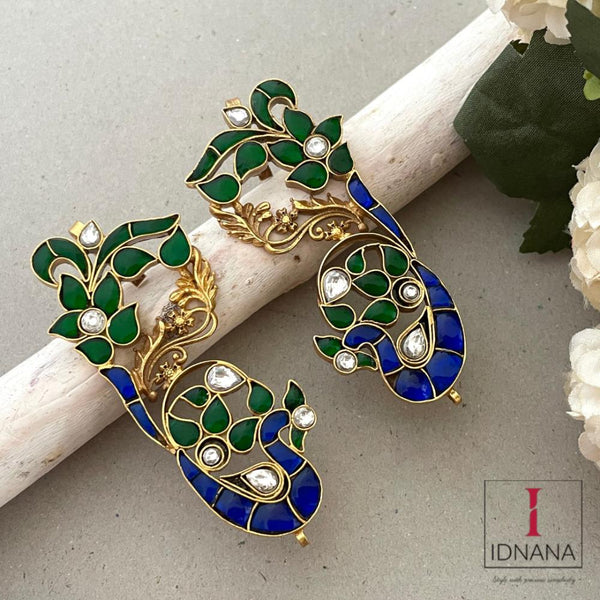 GOLD PLATED ROYAL BLUE GREEB WHITE KUNDAN FLORAL EARCUFFS