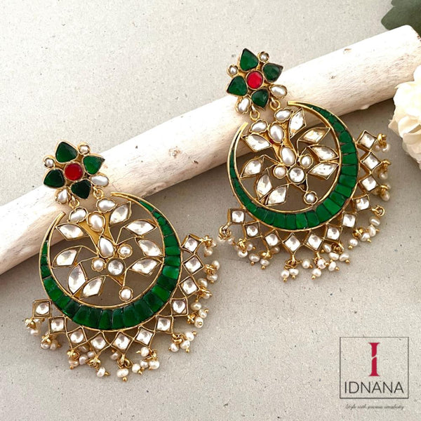 GOLD PLATED STATEMENT CHANDBALIS WITH GREEB RED WHITE KUNDAN AND PEARLS