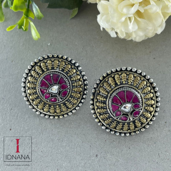 DUAL TONE PINK WHITE KUNDAN FLORAL STUDS