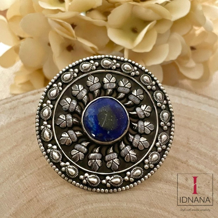 STATEMENT FLORAL LAPIS LAZULI ADJUSTABLE FINGER RING