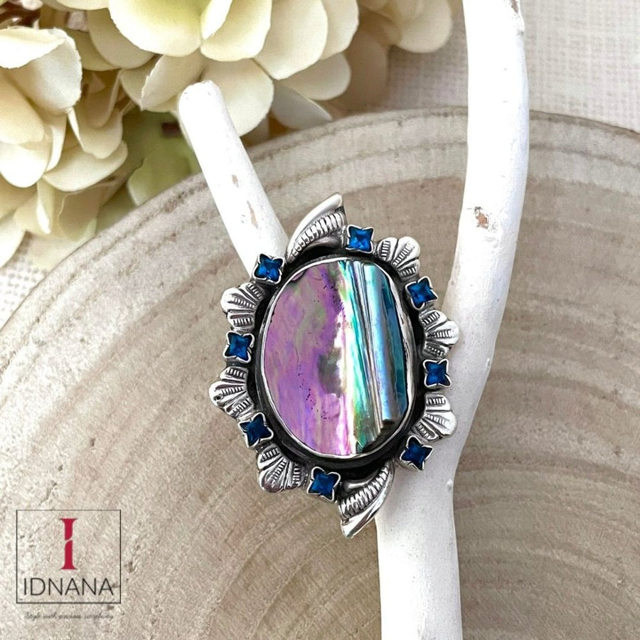 ABALONE SHELL ELECTRIC BLUE KUNDAN OVAL ADJUSTABLE FINGER RING
