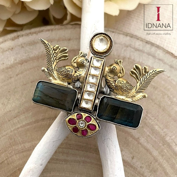 LABRADORITE SLAB PEACOCK MOTIF PINK WHITE KUNDAN FUSION DUAL TONE ADJUSTABLE FINGER RING