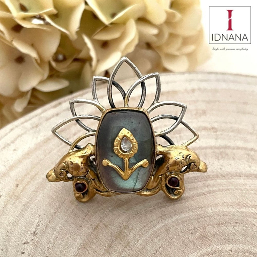LABRADORITE INLAY KUNDAN PEACOCK MOTIF RED KEMP FLORAL FUSION DUAL TONE ADJUSTABLE FINGER RING