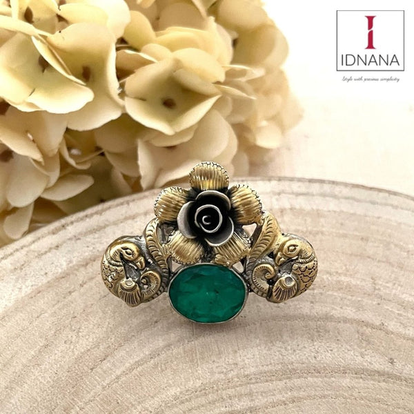 DUAL TONE ROSE PEACOCK GREEN QUARTZ ADJUSTABLE FINGER RING