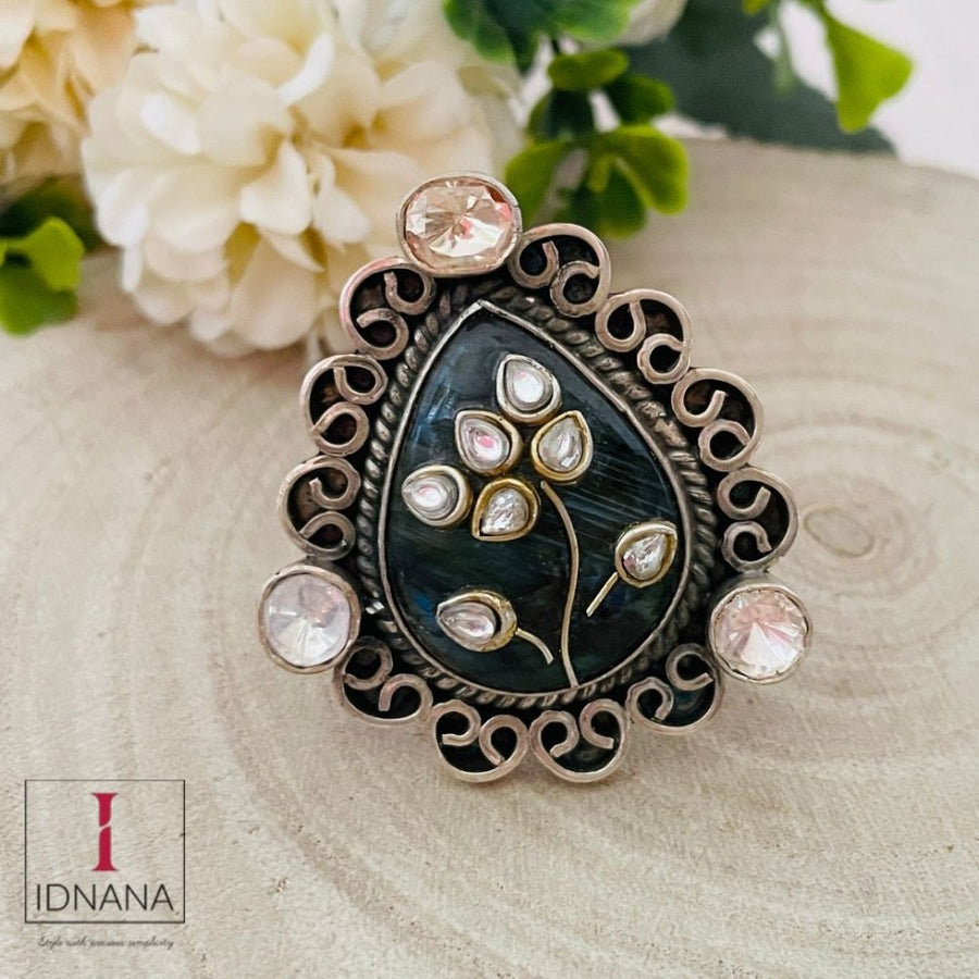 LABRADORITE INLAY KUNDAN MOISSANITE ADJUSTABLE FINGER RING