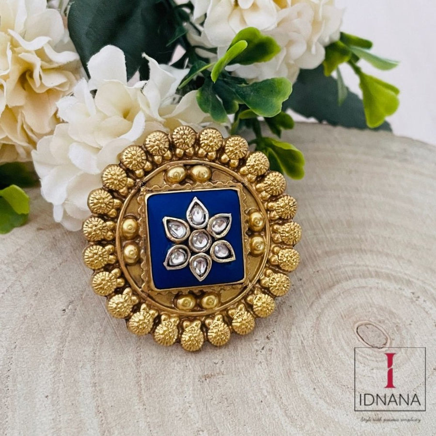 GOLD PLATED LAPIS LAZULI INLAY KUNDAN ADJUSTABLE FINGER RING