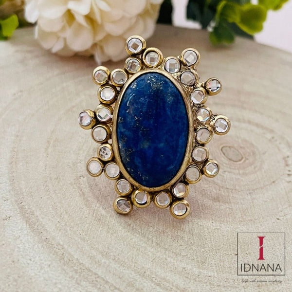 GOLD PLATED LAPIS LAZULI POLKI ADJUSTABLE FINGER RING