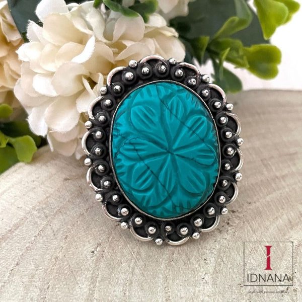 CARVED TURQUOISE ADJUSTABLE FINGER RING