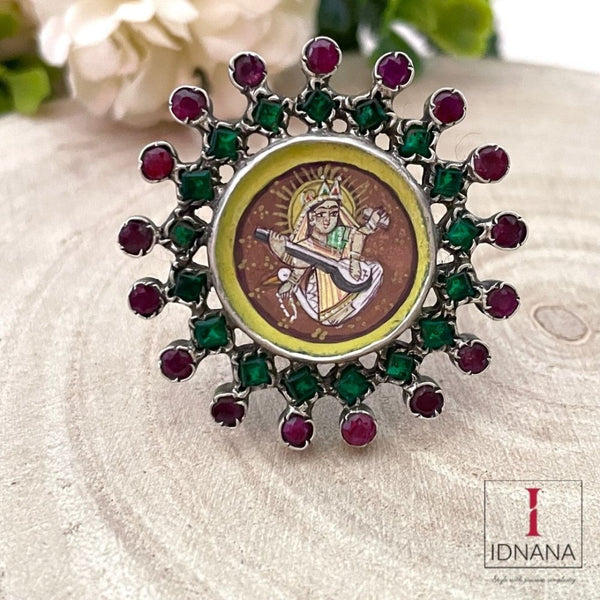 HAND PAINTED MAA SARASWATI RUBY AND EMERALD ADJUSTABLE FINGER RING