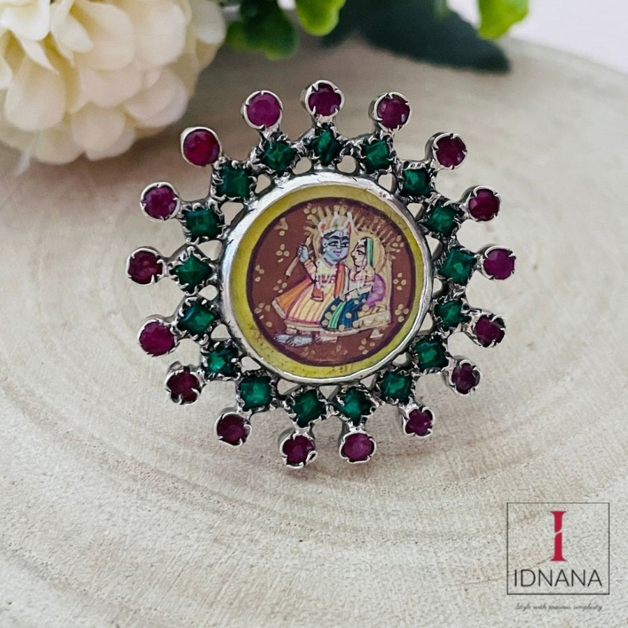 HAND PAINTED RADHA KRISHNA RUBY AND EMERALD ADJUSTABLE FINGER RING