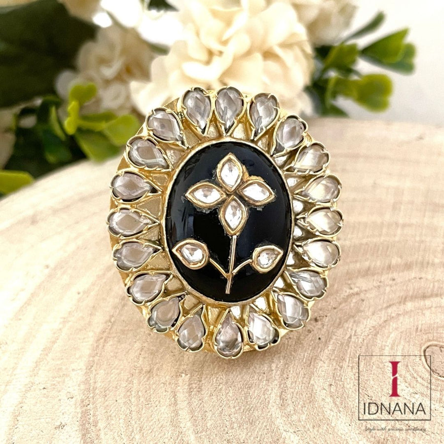 GOLD PLATED BLACK ONYX INLAY KUNDAN POLKI FINGER RING