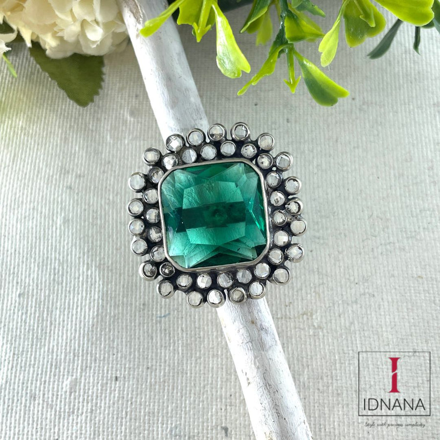 GREEN ONYX POLKI ADJUSTABLE FINGER RING