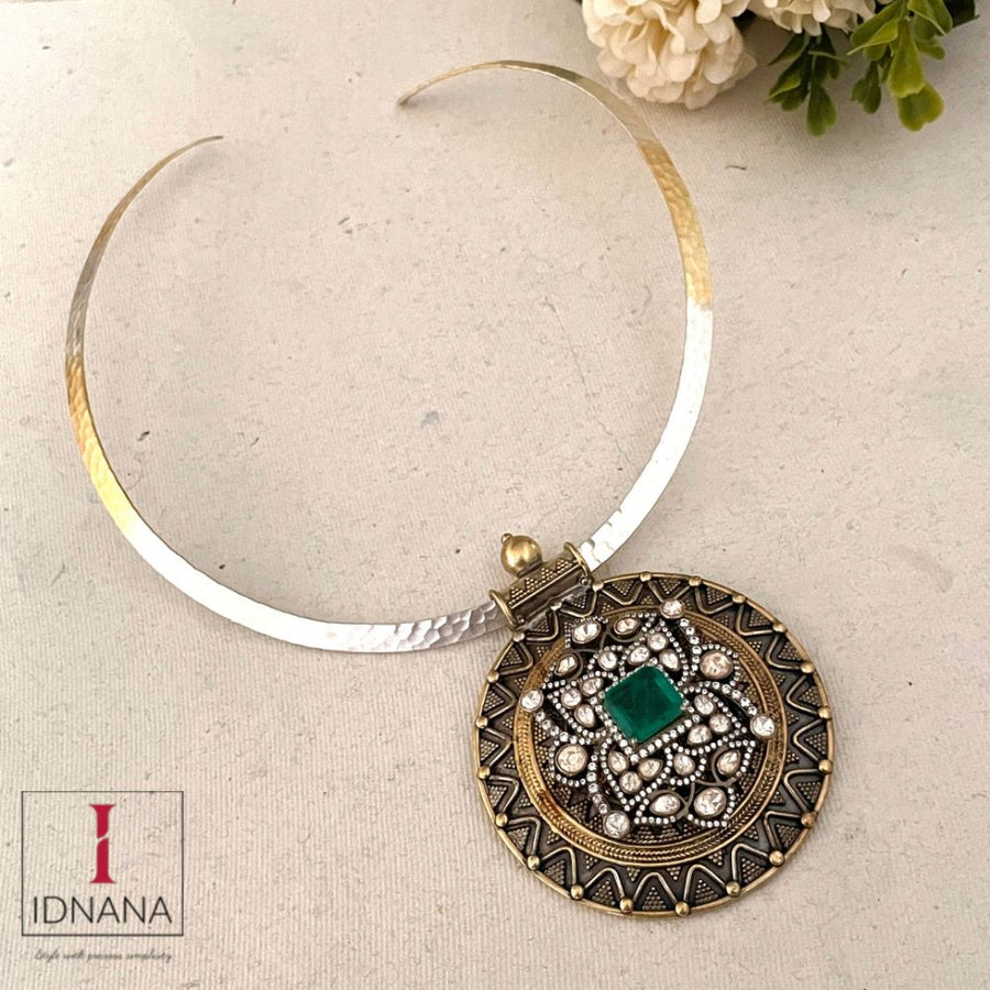 RAVA PENDANT WITH GREEN ONYX AND MOISSANITE ON A DUAL TONE  HAMMERED SILVER THAI HASLI