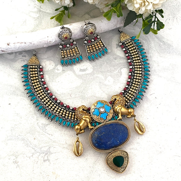 LAPIS LAZULI TURQUOISE CORAL LION MOTIF NECKLACE WITH EARRINGS