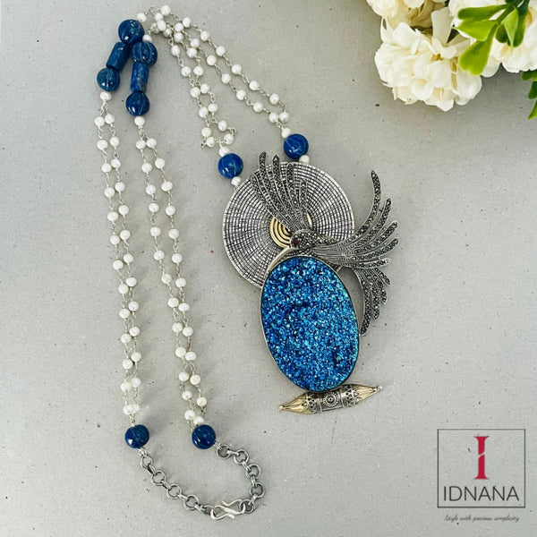 MARCASITE KINGFISHER DRUZY FUSION PENDANT BEADED WITH LAPIS LAZULI, FRESH WATER PEARL AND SILVER CHAIN