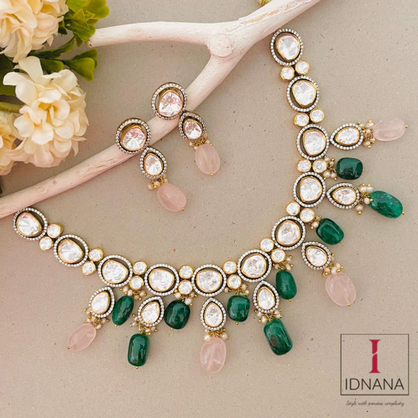 STATEMENT MOISSANITE COLLAR NECKLACE WITH ROSE QUARTZ AND GREEN ONYX DROPS AND EARRINGS