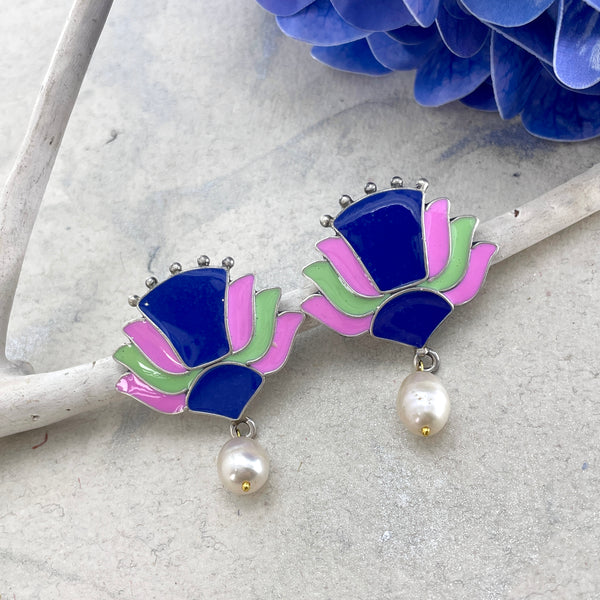 BLUE PINK GREEN MEENAKARI PEARL DROP STUDS