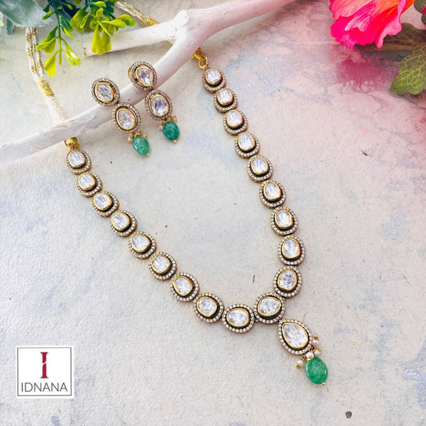 GOLD PLATED SINGLE LINE OF MOISSANITE NECKLACE SET WITH AVENTURINE AND PEARL DROPS