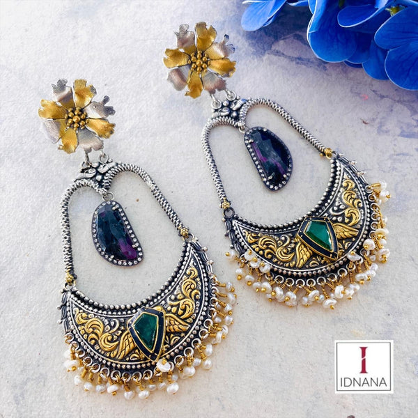 DUAL TONE FLORAL PINKISH BLACK RUBY ZOISITE EMERALD DOUBLET STATEMENT CHANDBALIS