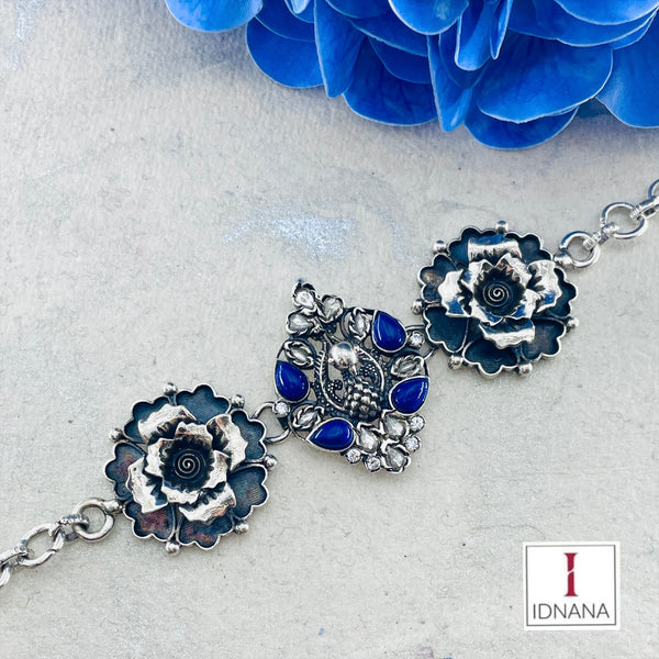 KUNDAN LAPIS LAZULI ROSE MOTIF PEACOCK SILVER CHOKER