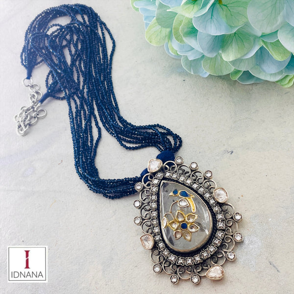 DUAL TONE LAPIS LAZULI BEADED CRYSTAL INLAY KUNDAN MOISSANITE KUNDAN LONG NECKLACE
