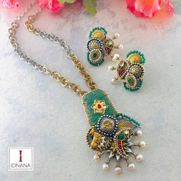 DUAL TONE AVENTURINE INLAY KUNDAN NANDI BULL MOTIF FUSION LONG JADAU NECKLACE WITH EARRINGS