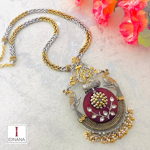 CARNELIAN INLAY KUNDAN DUAL TONE ITALIAN CHAIN TWO PEACOCK STATEMENT LONG NECKLACE
