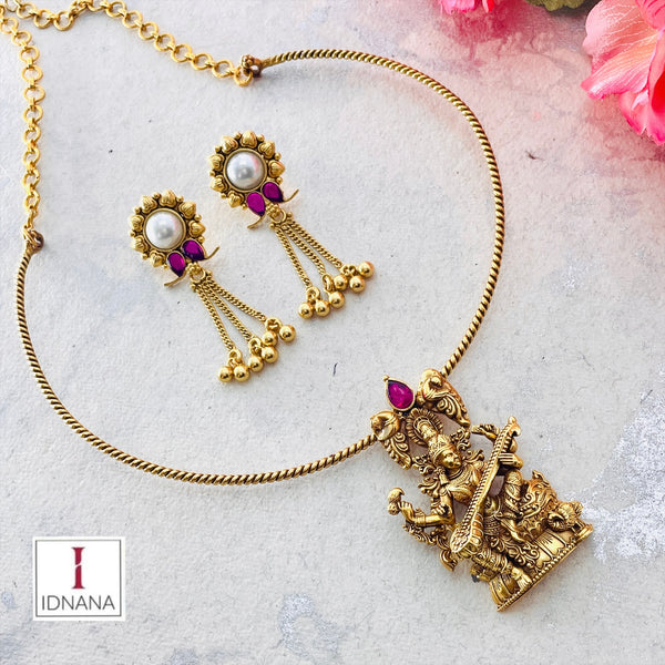 GOLD PLATED MAA SARASWATI PENDANT HASLI EARRINGS SET