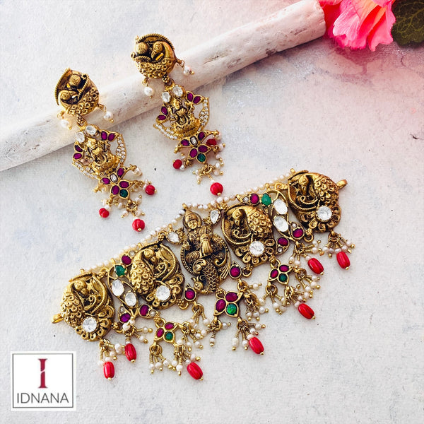 GOLD PLATED GREEN PINK WHITE KUNDAN MOISSANITE MAA LAKSHMI NAKASH PEACOCK CORAL PEARL DROP CHOKER SET