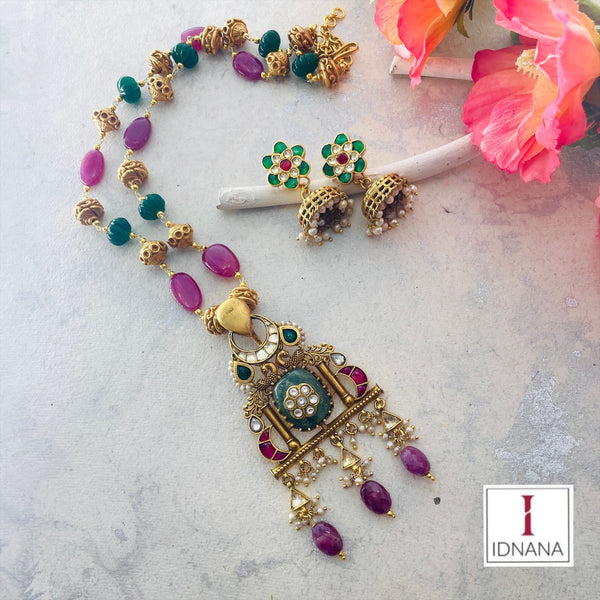 GOLD PLATED CHALCEDONY INLAY KUNDAN RUBY GREEN ONYX BEADED LONG NECKLACE SET