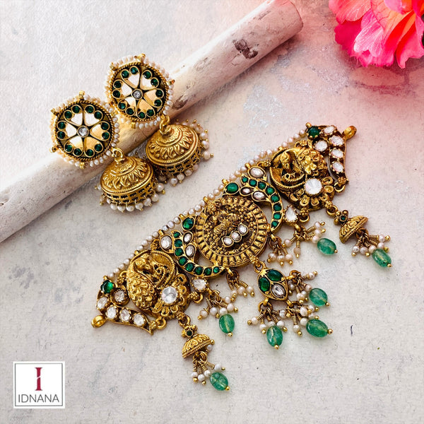 GOLD PLATED GREEN WHITE KUNDAN MOISSANITE PADMA LAKSHMI NAKASH PEACOCK CHOKER SET
