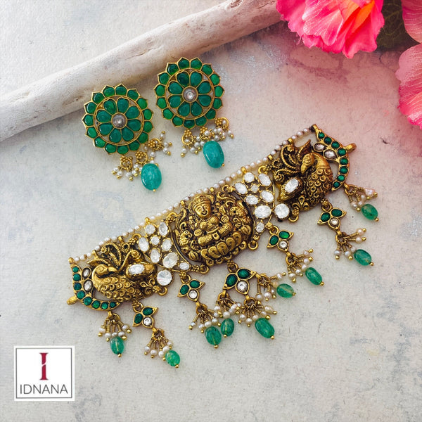 GOLD PLATED GREEN KEMP MOISSANITE PADMA LAKSHMI NAKASH PEACOCK CHOKER SET