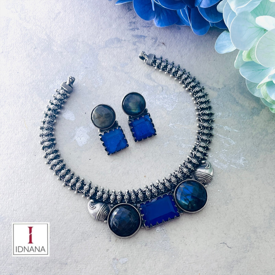 LABRADORITE BLUE ONYX COLLAR NECKLACE SET