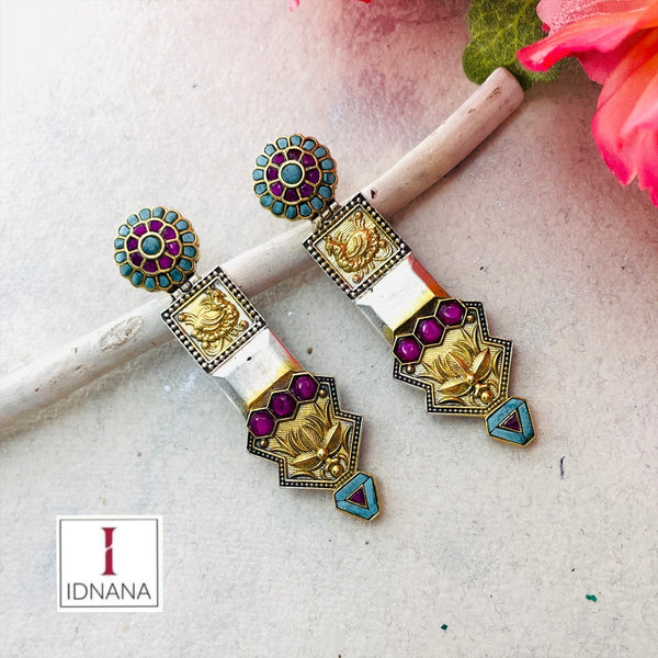 DUAL TONE TURQUOISE PINK KUNDAN FLORAL AND PEACOCK MOTIF EARRINGS