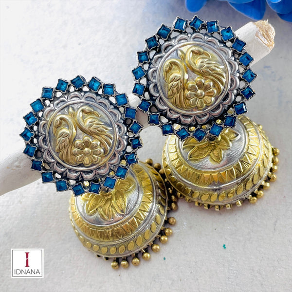 DUAL TONE COBALT BLUE QUARTZ PEACOCK AND FLORAL MOTIF STATEMENT JHUMKAS