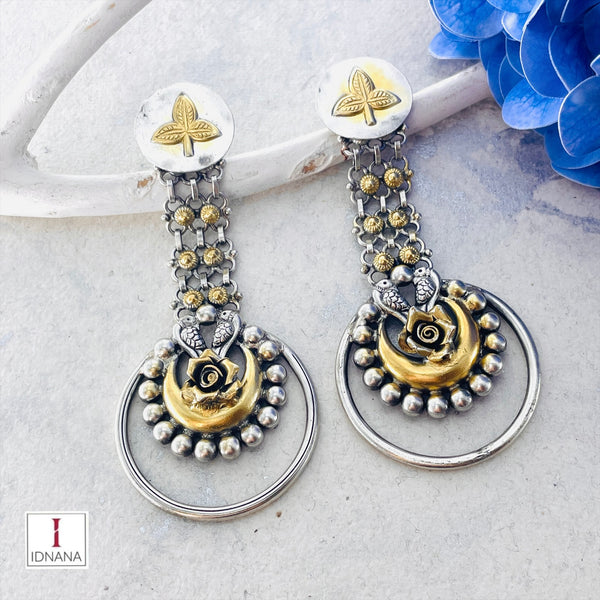 DUAL TONE ROSE AND PEACOCK MOTIF STATEMENT LONG EARRINGS