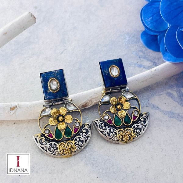 DUAL TONE LAPIS LAZULI INLAY KUNDAN FLORAL CHANDBALI STUDS
