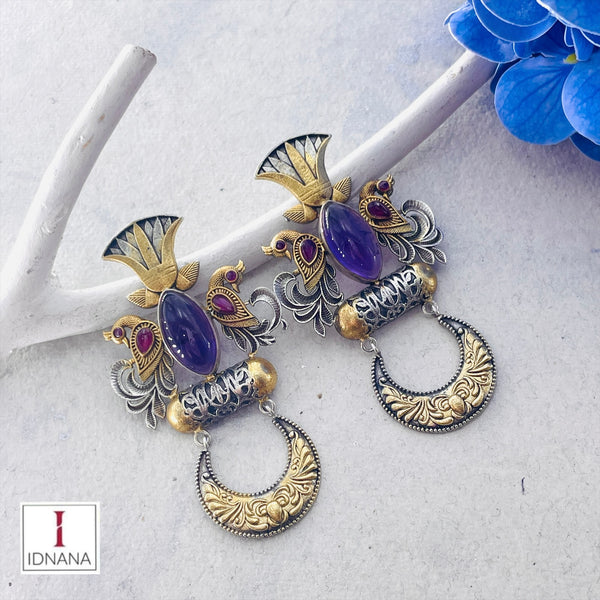 DUAL TONE AMETHYST LOTUS AND AMULET PEACOCK MOTIF EARRINGS