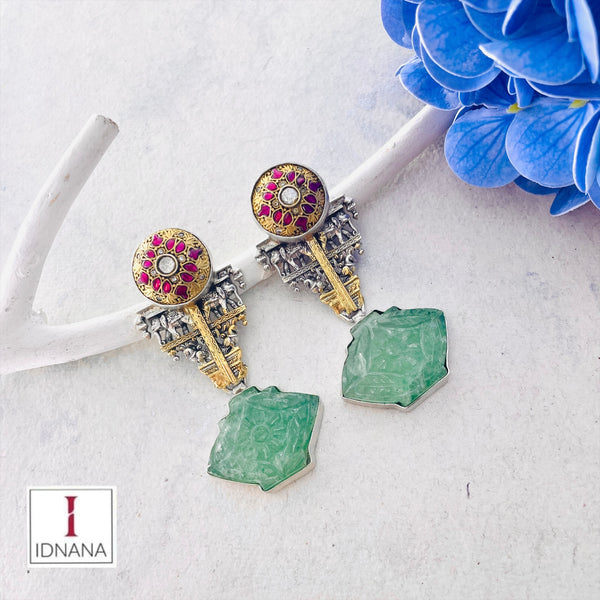 DUAL TONE CARVED AVENTURINE PINK WHITE KUNDAN NAKASH ELEPHANT STATEMENT EARRINGS