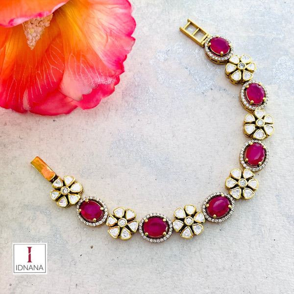 GOLD PLATED RUBY MOISSANITE CZ FLORAL BRACELET OPENABLE