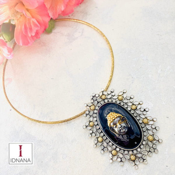 BLACK ONYX POLKI BUDDHA PENDANT ON A GOLD PLATED HASLI